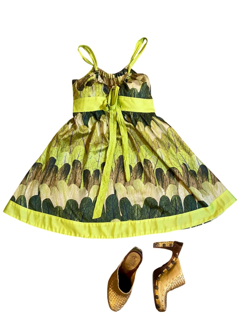 Y2K Eva Franco Green Botanical Cotton Sateen Fit & Flare Mini Dress Size 2